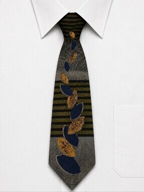 CONTE di MILANO Striped Patterned Silk Tie in Olive, Navy & Gold